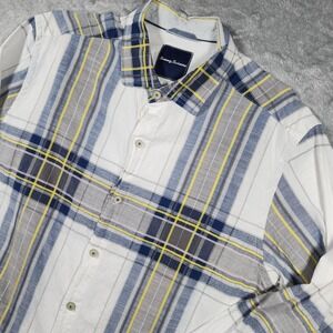 Tommy Bahama Shirt Mens Medium White Blue Plaid Silk Long Sleeve Button Up